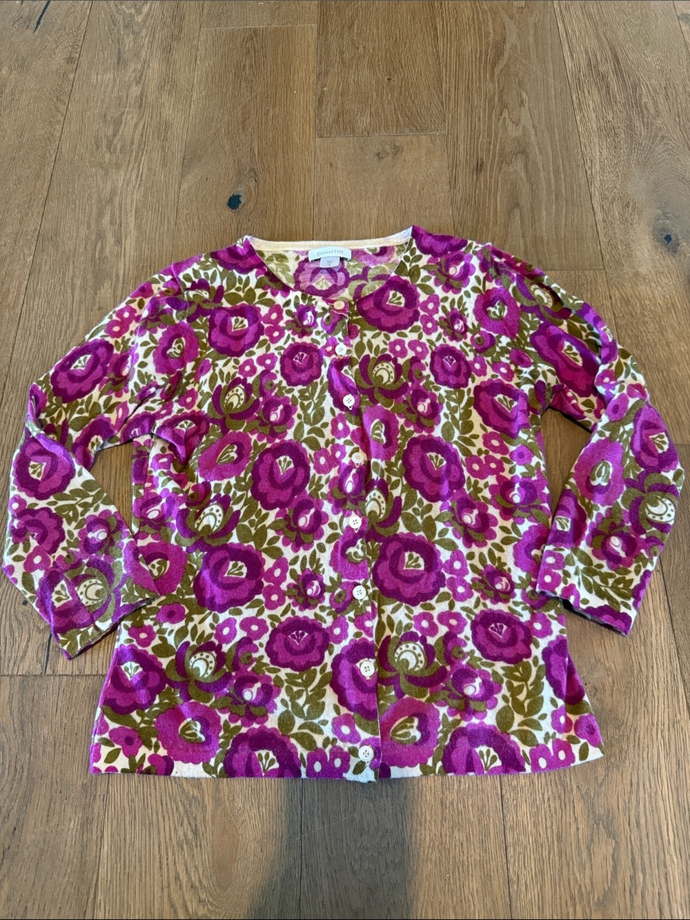Garnett Hill Merino Wool Floral Cardigan - S